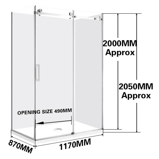 1170*870*2000mm Chrome Frameless Sliding Door Rectangle Shower Box